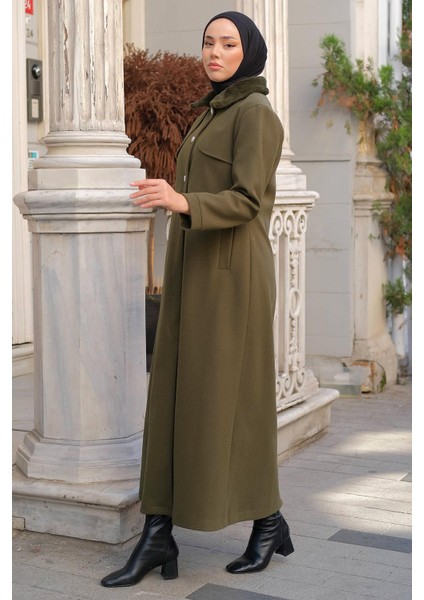 Yakası Kürklü Uzun Kaşe Kaban Haki HM2298