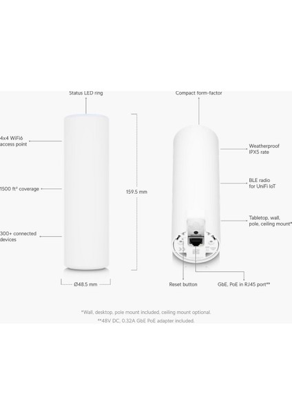 Ubıquıtı U6-Mesh WiFi6 , Mesh ( Kablosuz Uplink ) , (4x4 MIMO) , 140 m² , 5Dbi , İç ve Dış Ortam Access Point , Adaptör Dahildir