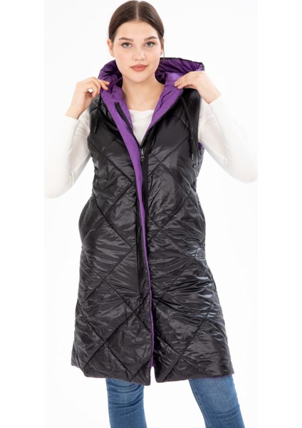 Kadın Uzun Sabit Kapşonlu Dolgulu Çift Taraflı Kapitone Elyaflı Yelek 8649