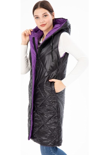 Kadın Uzun Sabit Kapşonlu Dolgulu Çift Taraflı Kapitone Elyaflı Yelek 8649 fiyatları