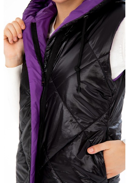 Kadın Uzun Sabit Kapşonlu Dolgulu Çift Taraflı Kapitone Elyaflı Yelek 8649