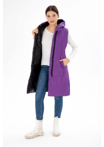 Kadın Uzun Sabit Kapşonlu Dolgulu Çift Taraflı Kapitone Elyaflı Yelek 8649