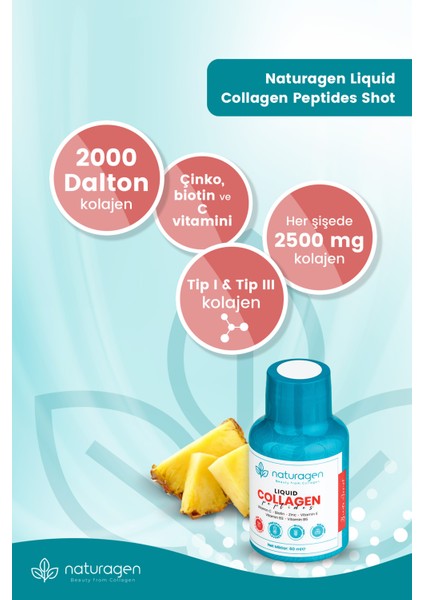 Ananas Aromalı Likit Collagen Shot 60 ml 1 Adet Şişe Tip 1 & Tip3 Hidrolize Sıvı Collagen