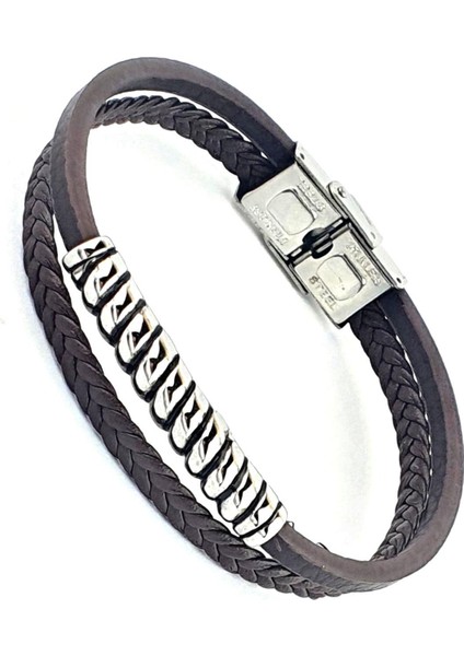 Çelik Detaylı Kahve Rengi Deri Erkek Bileklik