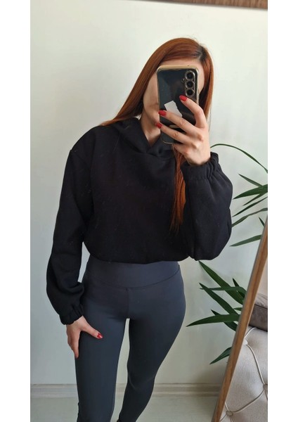 Kadın Kapüşonlu 3iplik Şardonlu Siyah Sweatshirt