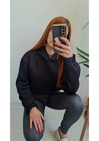 Kadın Kapüşonlu 3iplik Şardonlu Siyah Sweatshirt