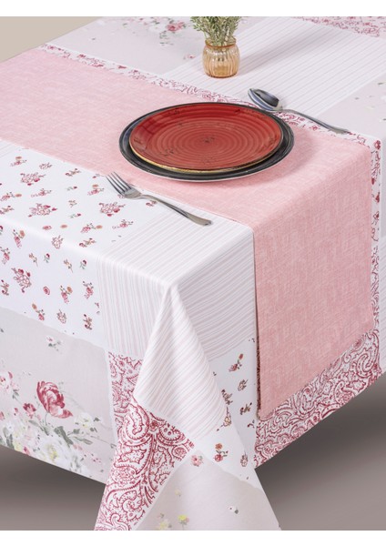 Baskılı Masa Örtüsü Seti Adela Pembe 160X180