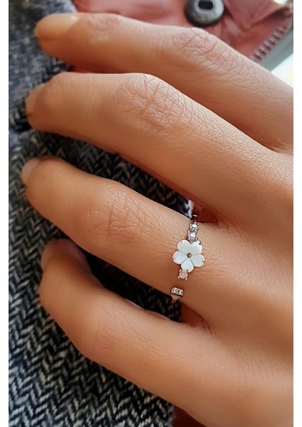 Sedef Taşlı 925ayar Gümüş El İşi Manolya Ayarlanabilir Yüzük