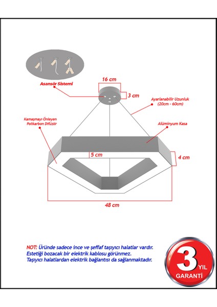 Hegza Lighting Fetta - Ledli Modern Sarkıt Linear LED Avize Salon Mutfak Oturma Odası Yatak Odası Antre Hol LED