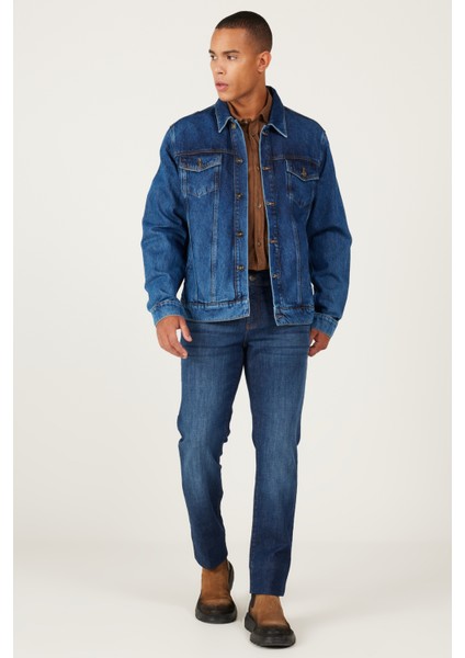 Erkek Lacivert Standart Fit Normal Kesim %100 Pamuk Denim Jean Ceket