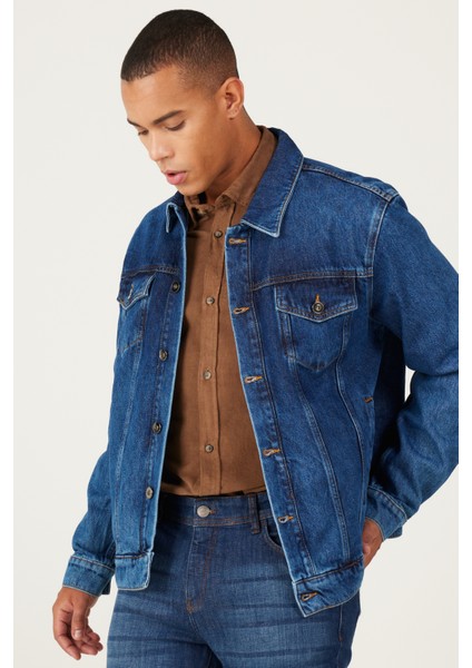 Erkek Lacivert Standart Fit Normal Kesim %100 Pamuk Denim Jean Ceket fiyatları