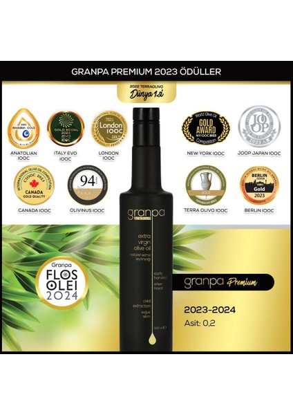 GRANPA PREMIUM 500 ML 2023-2024 FİLTRELİ ERKEN HASAT SOĞUK SIKIM NATUREL SIZMA ZEYTİNYAĞI
( Uluslararası Ödüllü Premium Naturel Sızma Zeytinyağı 500 ml )