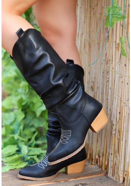 Siyah Renk, Topuk Boyu 4 Cm, Uzunluk 34 Cm, Diz Altı Kovboy Kadın Çizme fırsatları