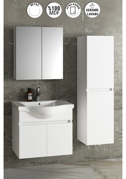 Yıldız 65+35 cm Beyaz Mdf Seramik Lavabolu Asma Banyo Dolabı Takımı