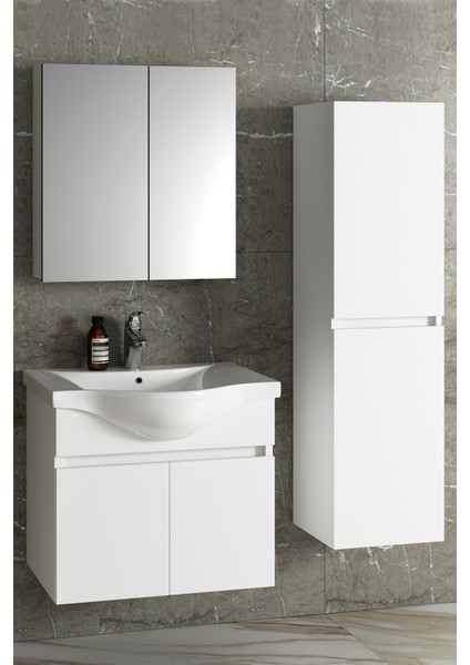 Yıldız 65+35 cm Beyaz Mdf Seramik Lavabolu Asma Banyo Dolabı Takımı