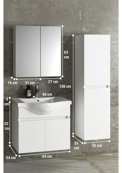 Yıldız 65+35 cm Beyaz Mdf Seramik Lavabolu Asma Banyo Dolabı Takımı