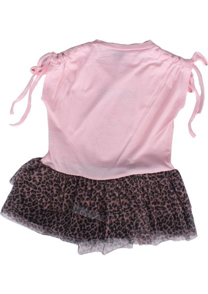 Kız Çocuk Pembe Tüllü Leopar Desenli Ayıcık Baskılı Elbise