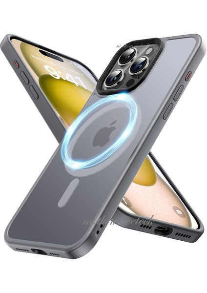 Apple Apple iPhone 15 Pro Max Kılıf Mat Magsafe Wireless Şarj Destekli Hassas Butonlu Titanium Gri Renkli Soft Mat Kenarlı Buzlu Çerçeveli Darbe Korumalı