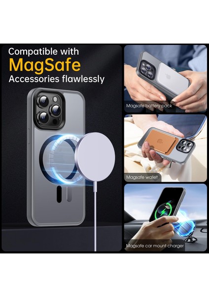 Apple Apple iPhone 15 Pro Max Kılıf Mat Magsafe Wireless Şarj Destekli Hassas Butonlu Titanium Gri Renkli Soft Mat Kenarlı Buzlu Çerçeveli Darbe Korumalı