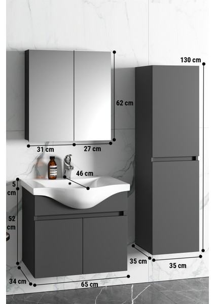 Yıldız 65+35 cm Antrasit Gri Mat Mdf Seramik Lavabolu Sepetli Asma Banyo Dolabı Takımı indirimleri