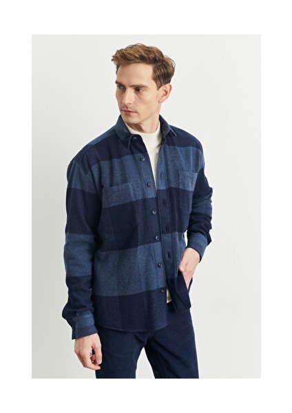 Erkek Lacivert-saks Oversize Bol Kesim Düğmeli Yaka Ekose Desenli Oduncu Kışlık Gömlek Ceket