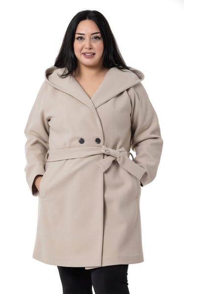 Büyük Beden Kapüşonlu Fleto Cepli Kuşaklı Bej Kaban fiyatları