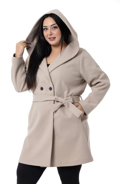 Büyük Beden Kapüşonlu Fleto Cepli Kuşaklı Bej Kaban fırsatları