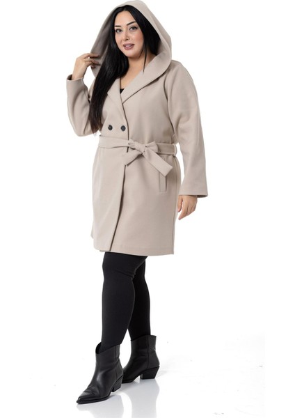 Büyük Beden Kapüşonlu Fleto Cepli Kuşaklı Bej Kaban indirimleri