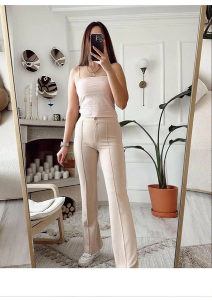 Kadın Krep Kumaş Likralı Önü Çimalı Ispanyol Paça Palazzo Pantalon modelleri