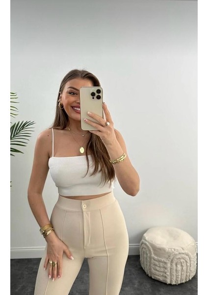 Kadın Krep Kumaş Likralı Önü Çimalı Ispanyol Paça Palazzo Pantalon fırsatları