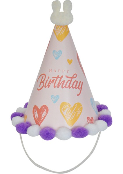 Happy Bırthday Parti Şapka Lila Beyaz Ponponlu 18 cm