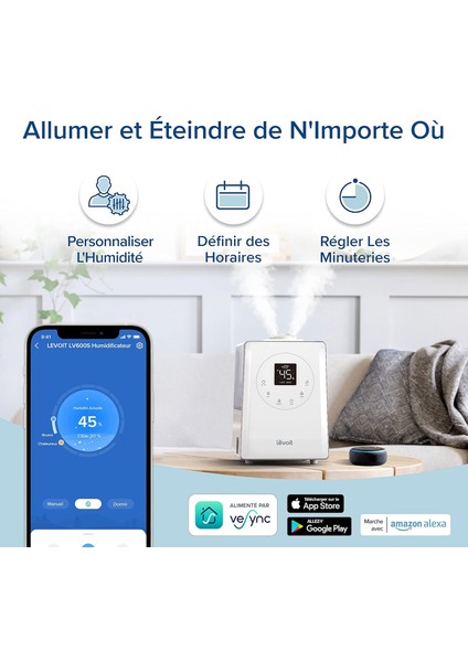 Levoıt 6l Yüksek Dolum Hava Nemlendirici, Bebek Için Akıllı Wifi Soğuk ve Sıcak, Gece Işığı ile 26DB Sessiz, Monitörü Nem, Zamanlayıcı indirimleri