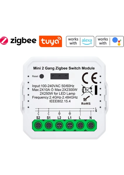 Tuya Uyumlu Zigbee Çift Çıkışlı Akıllı Anahtar (10A - 220V Röle) Anahtar Girişli, Google Asistan, Alexa Home Assistant Zigbee2MQTT ZHA Destekli Switch