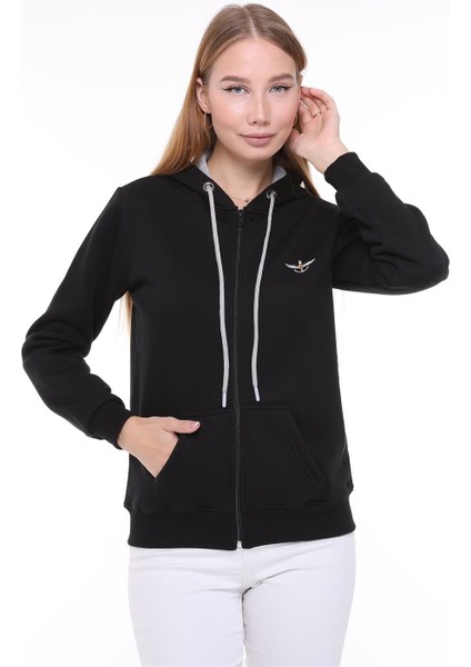 Kadın Sweatshirt Kapüşonlu Fermuarlı Siyah