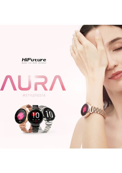 Future Aura Bluetooth 5.2 IP68 Su Geçirmez AMOLED Ekran 1.04 inç Arama Özellikli iOS&Android Uyumlu Nabız Spor Kan Oksijen Takibi 27mm Akıllı Saat Gümüş