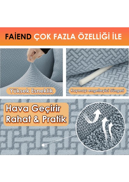 Jakarlı Lastıklı Koltuk Örtüsü Takımı 3+3+1+1 Streç Esnek Çekyat Kanepe Kılıfı Tuğla Desen Yıkanabilir koltuk Koruyucu Gri