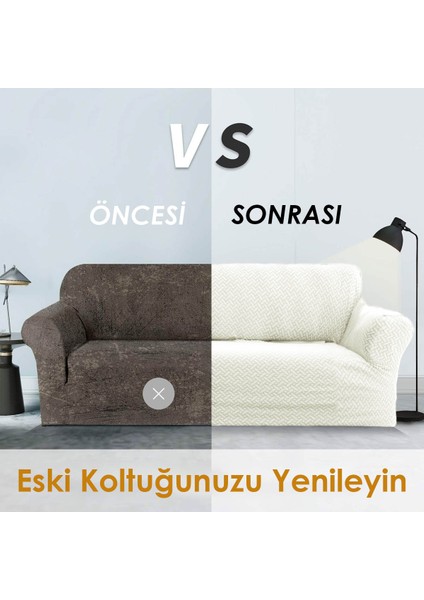 Jakarlı Lastıklı Koltuk Örtüsü Takımı 3+3+1+1 Streç Esnek Çekyat Kanepe Kılıfı Tuğla Desen Yıkanabilir koltuk Koruyucu Krem