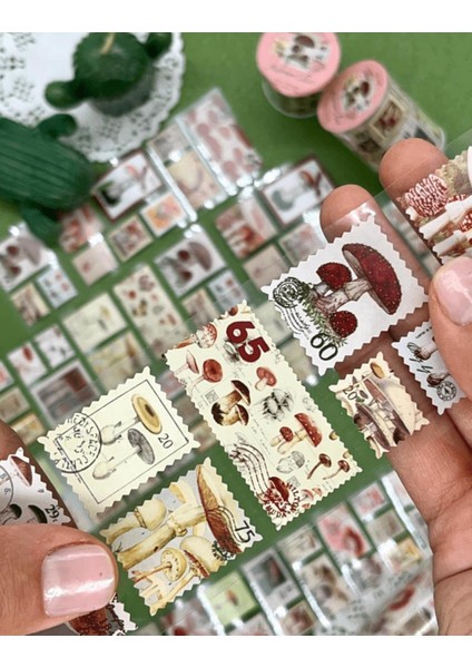 Mantar Temalı Tek Tek Çıkartmalı Pul Washi Bant / Sticker / Çıkartma/bullet Journal/ Defter Süsleme