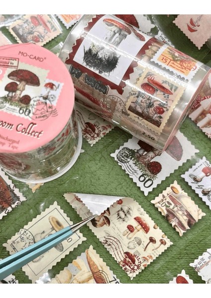 Mantar Temalı Tek Tek Çıkartmalı Pul Washi Bant / Sticker / Çıkartma/bullet Journal/ Defter Süsleme