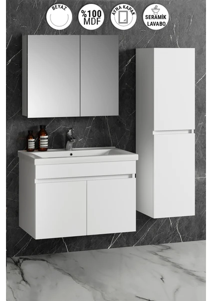 Aynalı Boy Dolaplı Banyo Dolabı Takımı 80+35 cm Komple Mdf ve Seramik Lavabolu