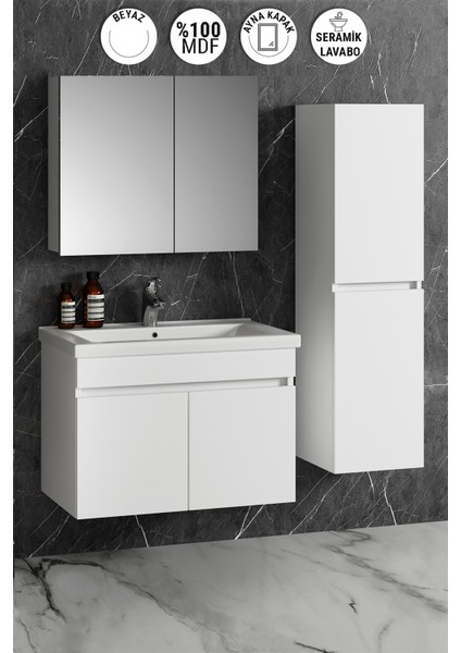 Çiğdem 80+35 cm Beyaz Mdf Seramik Lavabolu Sepetli Asma Banyo Dolabı Takımı