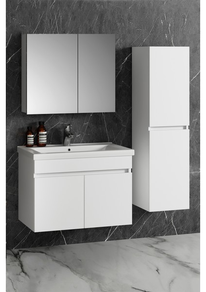 Çiğdem 80+35 cm Beyaz Mdf Seramik Lavabolu Sepetli Asma Banyo Dolabı Takımı fiyatları