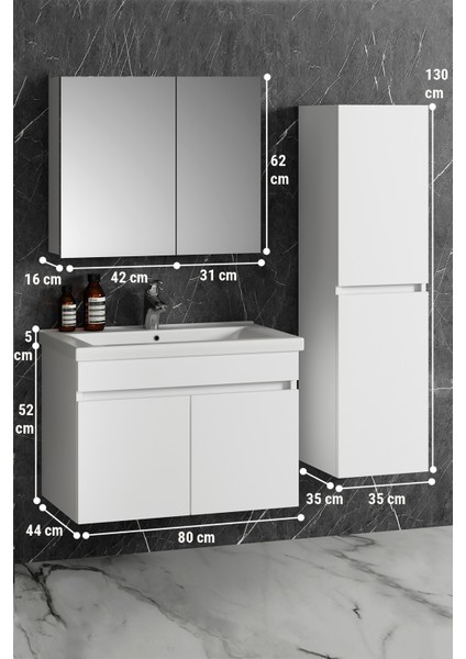 Çiğdem 80+35 cm Beyaz Mdf Seramik Lavabolu Sepetli Asma Banyo Dolabı Takımı indirimleri