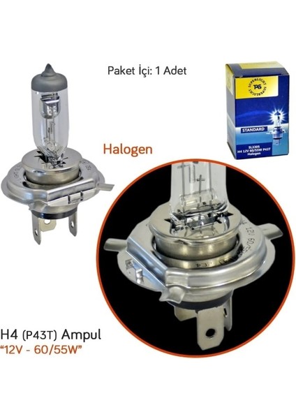 12V 60/55W H4 Uzun Kısa Standart Far Ampulü