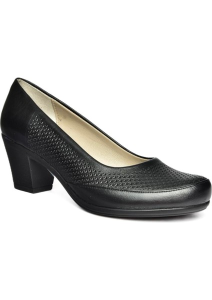 R908023803 Siyah Deri Kalın Topuklu Kadın Ayakkabı