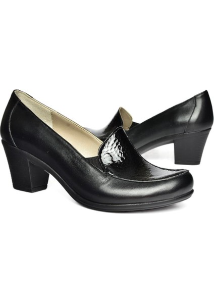 R908020603 Siyah Deri Kalın Topuklu Kadın Ayakkabı modelleri