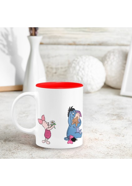 Winnie The Pooh - Tigger - Eeyore - Piglet Disney Tasarımlı, Içi Kırmızı Seramik Kupa