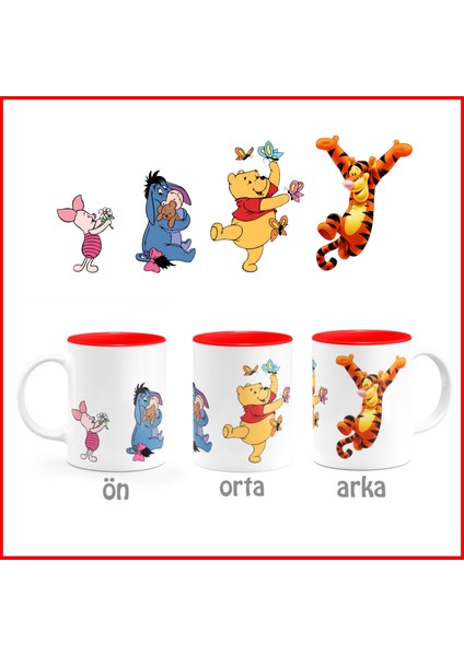 Winnie The Pooh - Tigger - Eeyore - Piglet Disney Tasarımlı, Içi Kırmızı Seramik Kupa