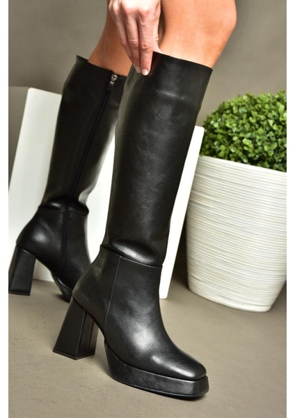 R282230109 Siyah Platform Kalın Topuklu Kadın Çizme