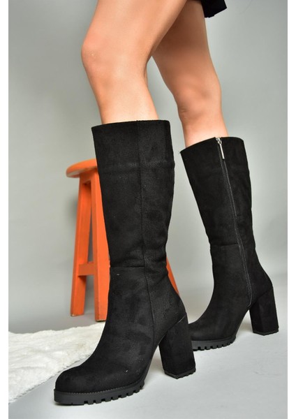 R518911402 Siyah Süet Kalın Topuklu Kadın Çizme